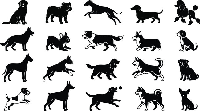 Dog silhouettes collection various breeds black on white background