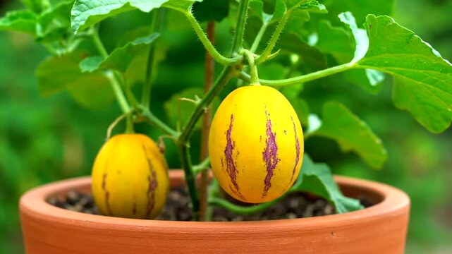 Close-up of a Pepino Melon plant with ripe fruits in a terracotta pot.