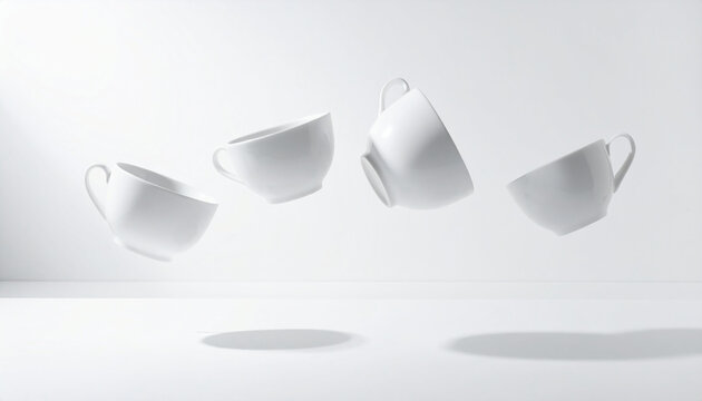 White coffee cups falling in air.