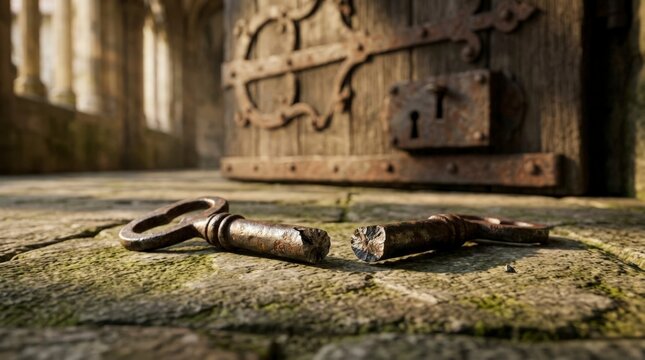 Broken key in front of an old wooden door