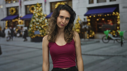 Fototapeta premium Woman points finger gun to side of head on street with festive building facades and parked bicycles; despair.