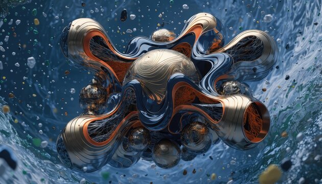 Abstract metallic sphere sculpture, blue liquid waves, floating small particles.