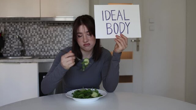 Young woman disappointed with restrictive salad diet while chasing ideal body standards showing frustration with toxic beauty culture and outdated weight loss habits