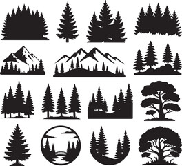 Fototapeta premium Set of pine forest silhouettes mountains and trees isolated on transparent background black outdoor landscape camping logo.