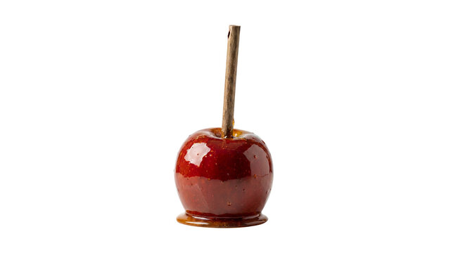 Close-up of a glossy red candy apple coated in hard translucent caramel on a wooden stick, featuring sharp reflections and detailed texture