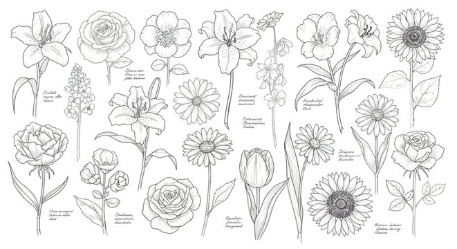 A collection of various flower illustrations.