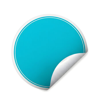 Turquoise round sticker with peeled corner and white border, blank label, empty space for text, graphic design element, isolated on white background.