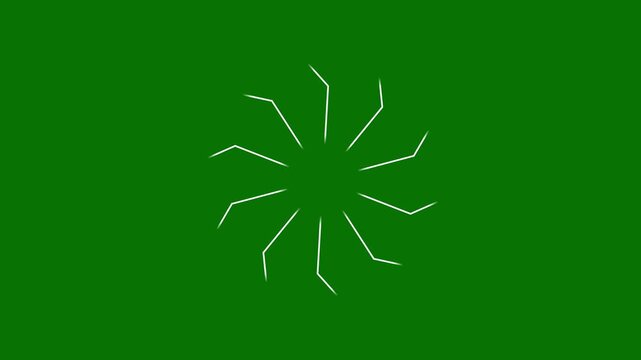 Unique white angular hook lines expanding in a circular burst motion on green screen chroma key background minimalist motion graphics design for creative video transitions loopable 4k.