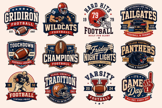 A collection of twelve vintage American football emblems and logos featuring helmets, players, footballs, and various team and event-related typography.