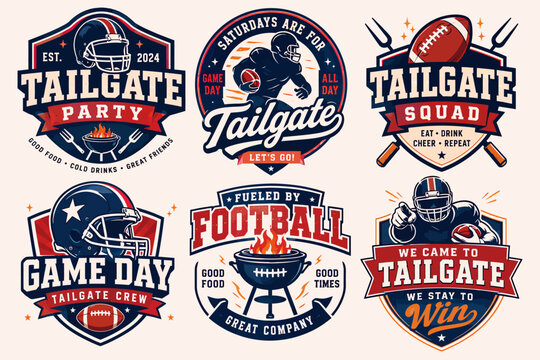 A collection of six vintage American football tailgate party emblems and logos, featuring helmets, footballs, grills, and celebratory text.