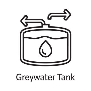 Greywater tank icon line drawing with inflow and outflow arrows