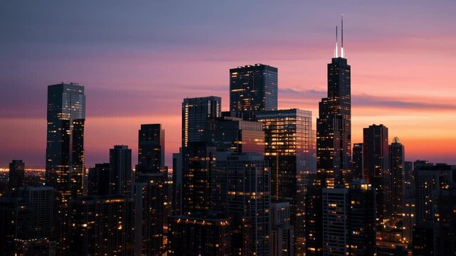 City skyline at sunset glowing with lit windows and dramatic clouds, glass towers reflecting warm orange light, downtown panorama with illuminated streets