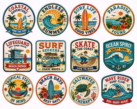A collection of twelve vintage-style surf and beach themed patches or badges featuring ocean waves, palm trees, surfboards, and summer scenes.