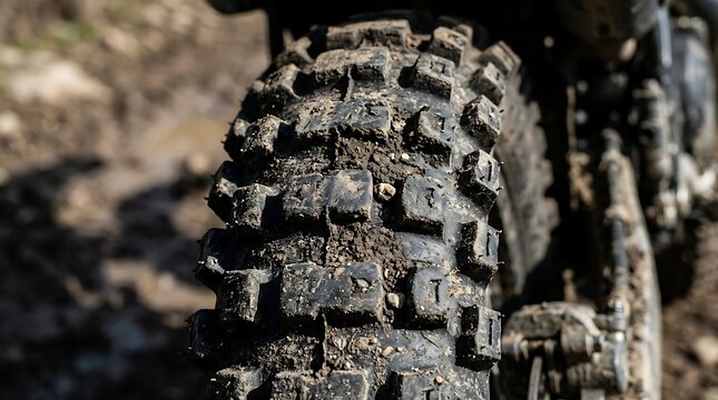 Gritty close-up of a robust off-road motorcycle tire caked in mud, showcasing aggressive treads and powerful traction for challenging adventures on rugged terrain