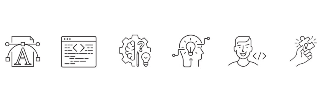 Creative ui ux design development process set with coding programming brainstorming problem solving strategy and web software engineering vector illustration