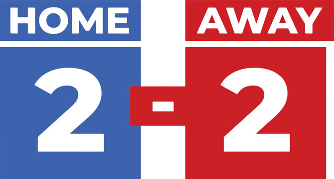 Home and away scoreboard with a 2-2 tie for sports broadcasting and game display.