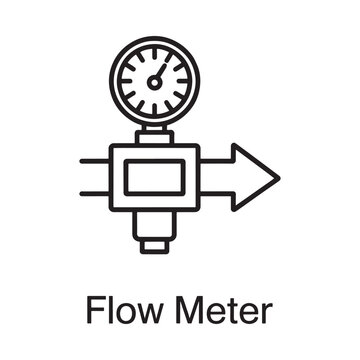 Flow meter icon line drawing with gauge and arrow on white