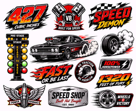 A collection of vintage hot rod and drag racing themed graphics, featuring muscle cars, speed slogans, engine parts, and racing elements.