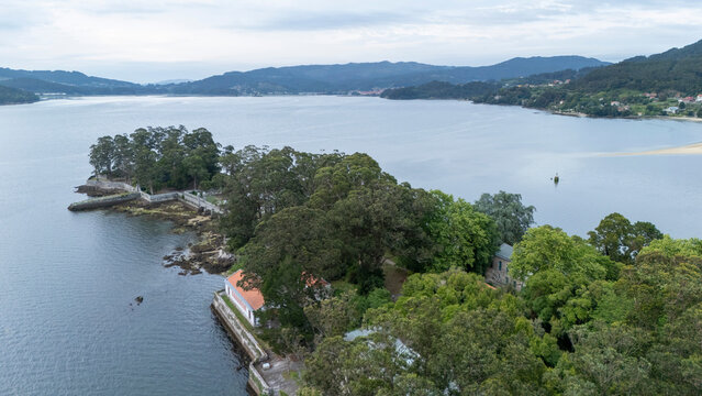 San simon island panorama in ria de vigo, galicia, spain