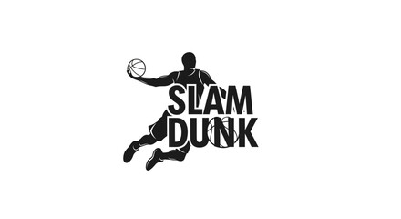 Silhouette of Basketball Player Performing a Slam Dunk with Text, Powerful Sports Logo on an Isolated White Background © Grangger