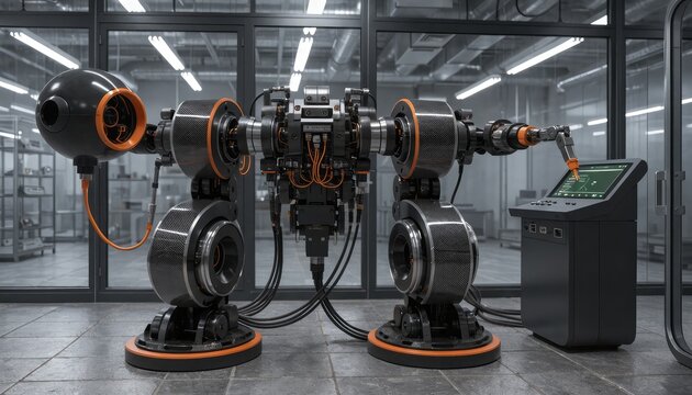 Industrial robot arm working, orange black metal machine.
