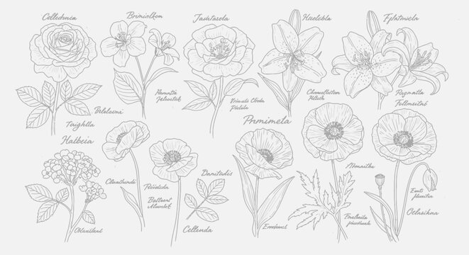 A collection of various flower illustrations.