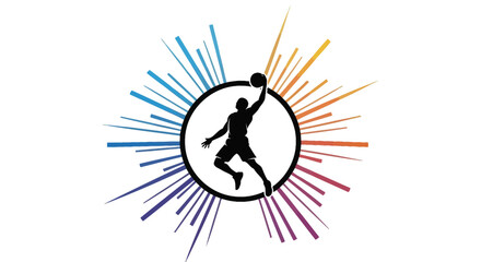 Vibrant Basketball Player Silhouette Jumping for a Slam Dunk with Colorful Radiant Lines, isolated white background © Grangger