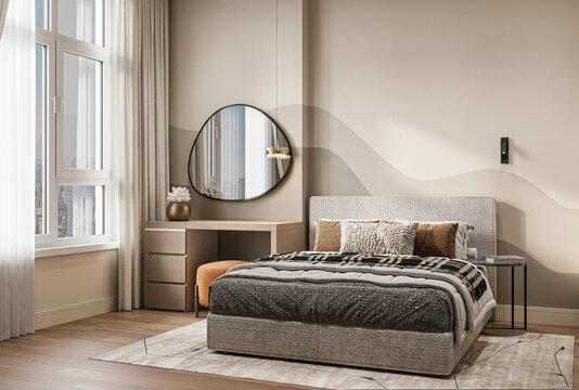 Contemporary bedroom interior with slanted natural light, vanity, and large asymmetrical mirror
