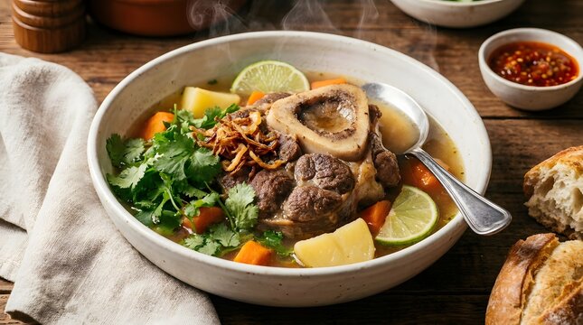 Rustic beef bone marrow soup served in a bowl with bread on wooden table.