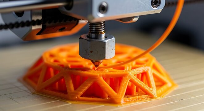 3D printer creating orange plastic object.