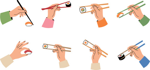 Hands Holding Sushi with Chopsticks Collection Featuring Japanese Food Eating Techniques and Asian Cuisine Dining Illustration Set for Educational Designs © MSTFarjana