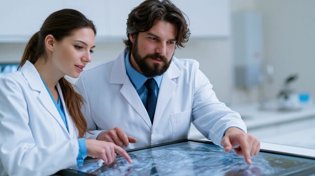 Medical Professionals in Examination: A male and female doctors intently examining medical imagery, symbolizing dedication to healthcare and expertise.