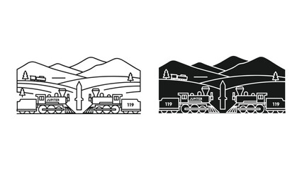 Vintage locomotive trains with mountain landscape in black and white line art style for coloring book pages © SHAHRIYAR RASEL