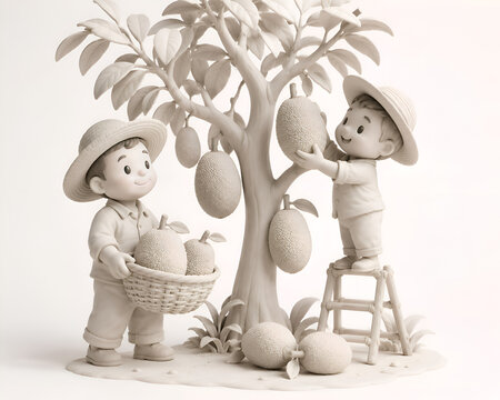 Minimalist White Clay Farmers Harvesting Giant Jackfruit in Studio Scene