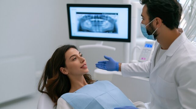 Dental Consultation: A dentist reviews a patient's x-rays, discussing dental health and treatment plan in a modern clinic setting.
