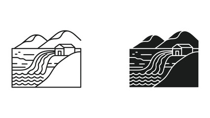 Fototapeta premium Vector illustration of a house on a hill with a mountain range in the background in black and white