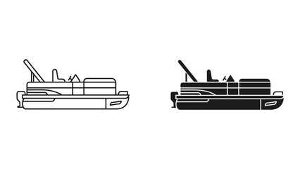 Vector illustration of a pontoon boat in black and white line art isolated on white background © SHAHRIYAR RASEL