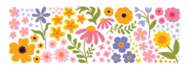 Colorful flower garden illustration set with blooming spring and summer flowers, leaves and botanical elements. Hand-drawn vector collection for seamless patterns, greeting cards and textile design. © Hanna Bykova