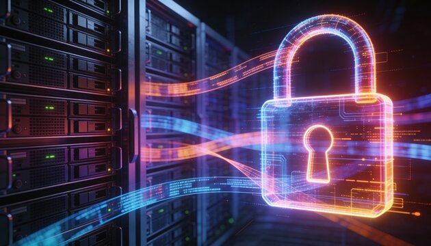 Glowing padlock overlay on a holographic semi-transparent server rack projection, floating holographic data ribbon streams, clean 3D render, dark futuristic backdrop, vivid color scheme, logo-free