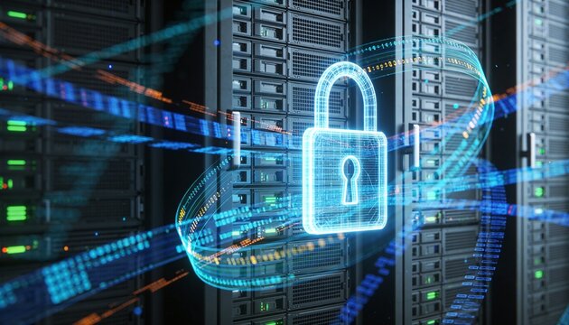 Glowing padlock overlay on a holographic semi-transparent server rack projection, floating holographic data ribbon streams, clean 3D render, dark futuristic backdrop, vivid color scheme, logo-free