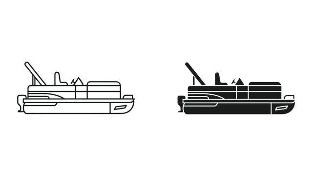 Vector illustration of a pontoon boat in black and white line art isolated on white background