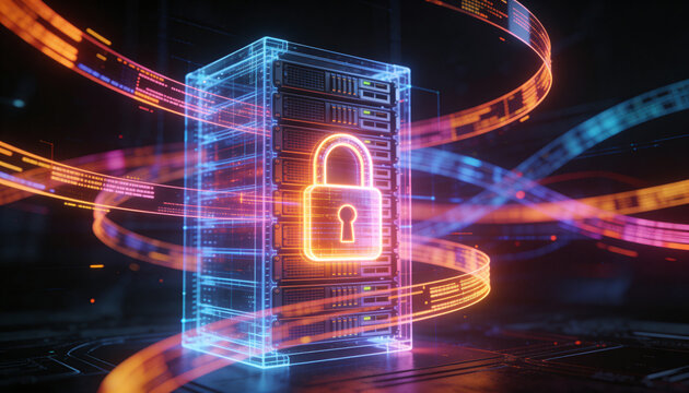 Glowing padlock overlay on a holographic semi-transparent server rack projection, floating holographic data ribbon streams, clean 3D render, dark futuristic backdrop, vivid color scheme, logo-free