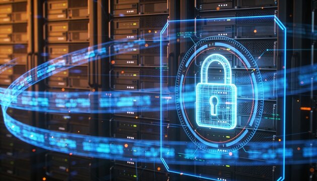 Glowing padlock overlay on a holographic semi-transparent server rack projection, floating holographic data ribbon streams, clean 3D render, dark futuristic backdrop, vivid color scheme, logo-free