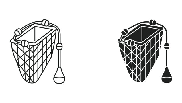 Black and white line art illustration of two fishing nets with floats on a white background