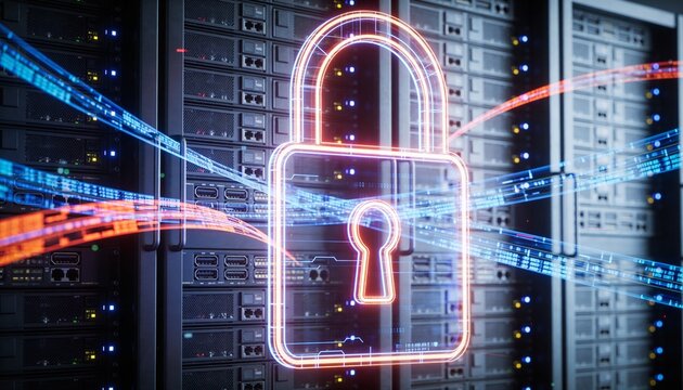 Glowing padlock overlay on a holographic semi-transparent server rack projection, floating holographic data ribbon streams, clean 3D render, dark futuristic backdrop, vivid color scheme, logo-free