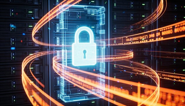 Glowing padlock overlay on a holographic semi-transparent server rack projection, floating holographic data ribbon streams, clean 3D render, dark futuristic backdrop, vivid color scheme, logo-free