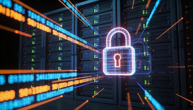 Glowing padlock overlay on a holographic semi-transparent server rack projection, floating holographic data ribbon streams, clean 3D render, dark futuristic backdrop, vivid color scheme, logo-free