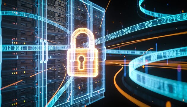 Glowing padlock overlay on a holographic semi-transparent server rack projection, floating holographic data ribbon streams, clean 3D render, dark futuristic backdrop, vivid color scheme, logo-free