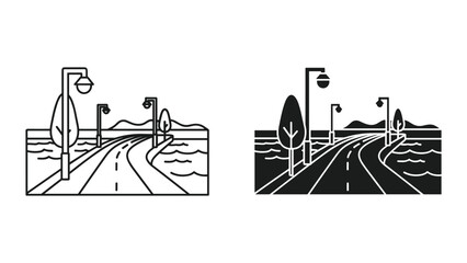 Naklejka premium Black and white illustration of a road by the sea with streetlights and trees on a white background