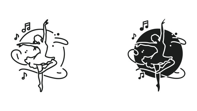Vector illustration of a ballerina dancing with musical notes in a circular motion in black and white